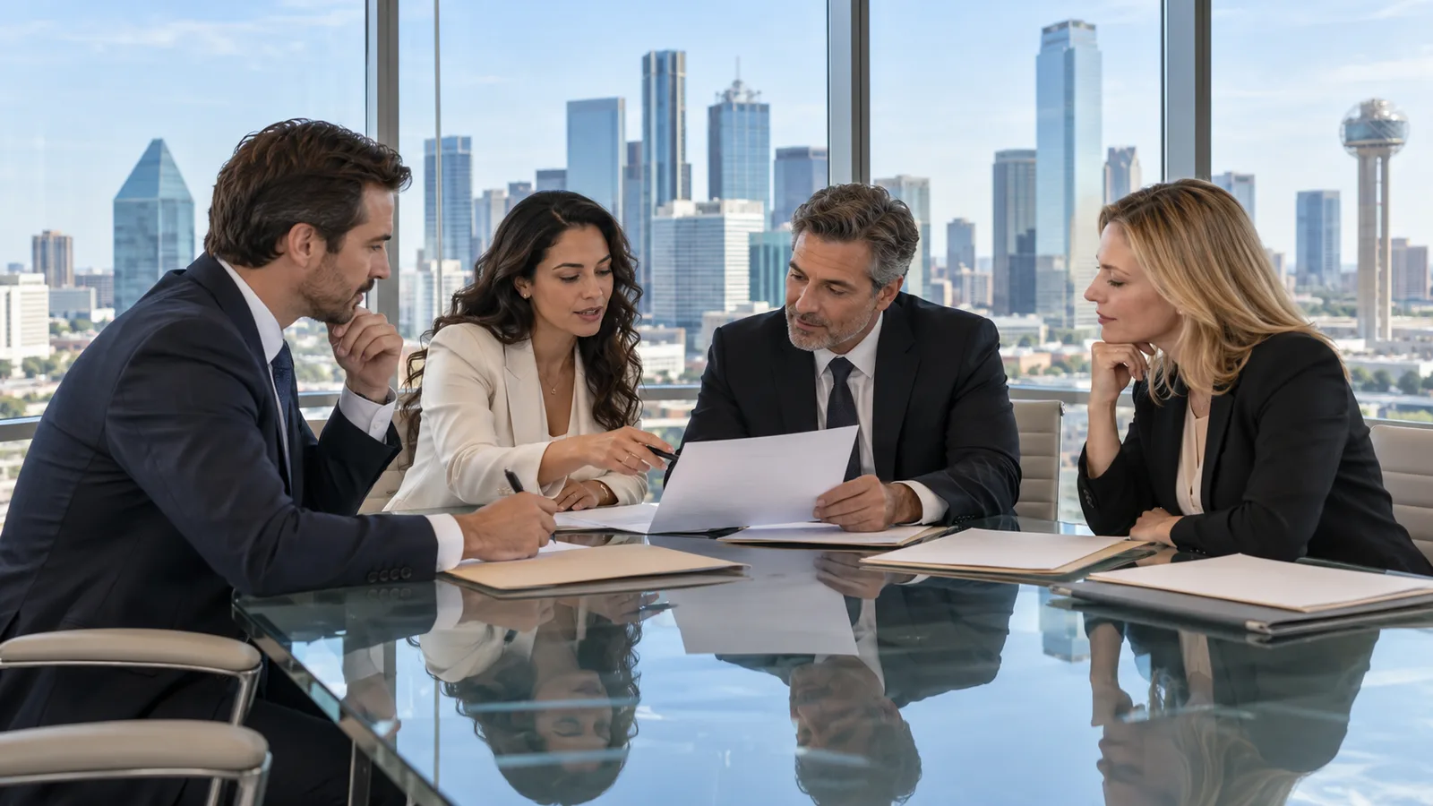 Advisors reviewing an acquisition in a Texas boardroom