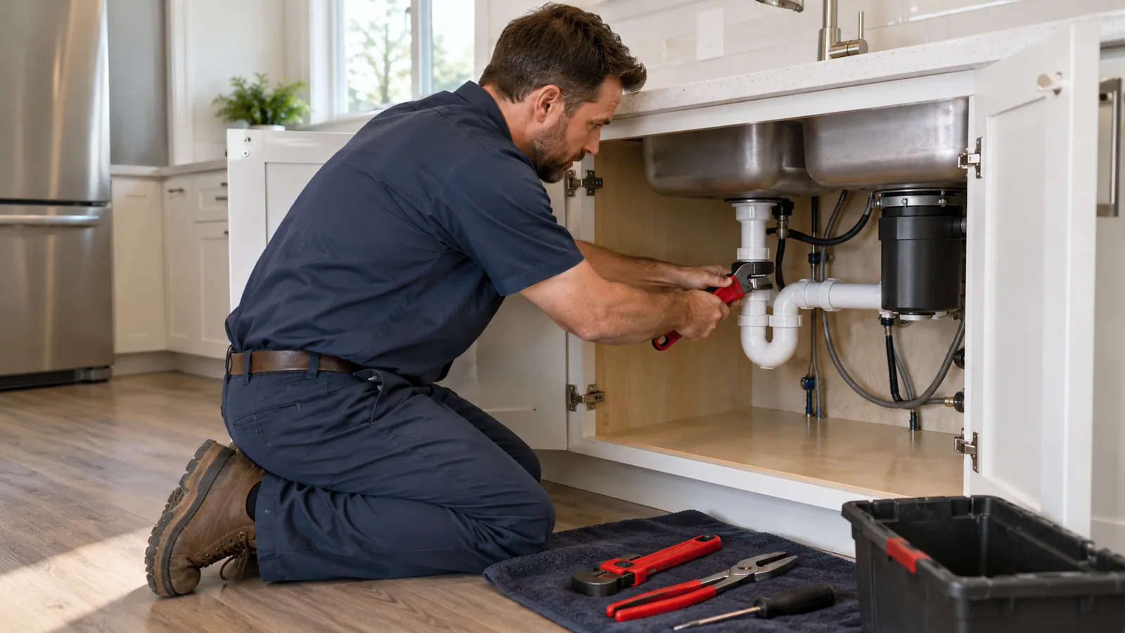 Plumber repairing pipes under a kitchen sink